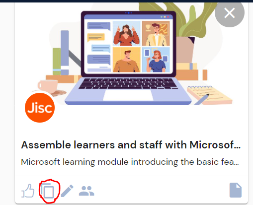 Example of a resource card thumbnail. Image shows a red circle around the duplication icon which is a small icon of two pages overlaid