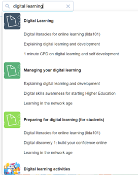 screenshot of the search bar tool showing the different resource options that appear when you search under digital learning