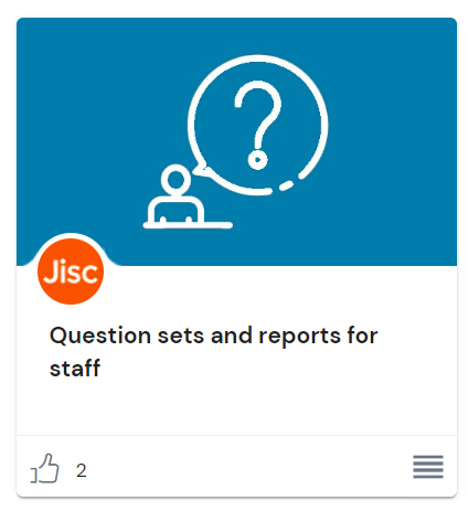 question sets and reports for staff thumbnail from the jisc discovery tool, the image shows a white icon of a person with a thought bubble on a blue background