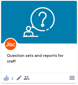 question sets and reports for staff thumbnail from the jisc discovery tool, the image shows a white icon of a person with a thought bubble on a blue background