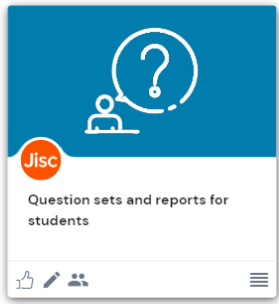 question sets and reports for students thumbnail from the jisc discovery tool, the image shows a white icon of a person with a thought bubble on a blue background